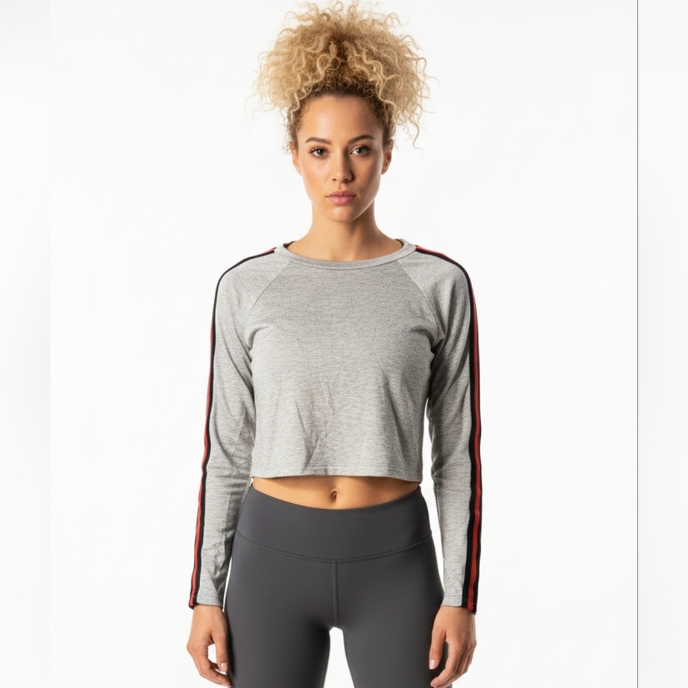 Ever Hottie Women's Gray Cropped Long Sleeve Top with Striped Sleeves NWOT